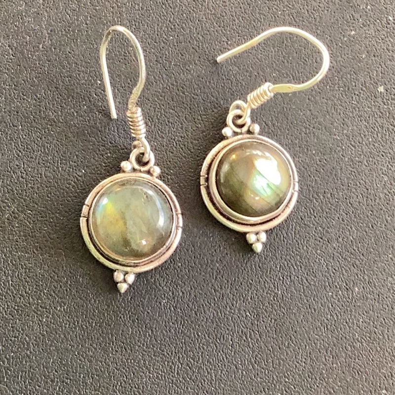 Gleaming Labradorite Round Cabochon Drop Sterling Earrings French Wire